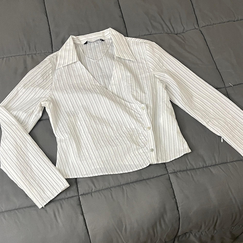 Zara Cream White Pinstripe Wrap Button-Down Shirt